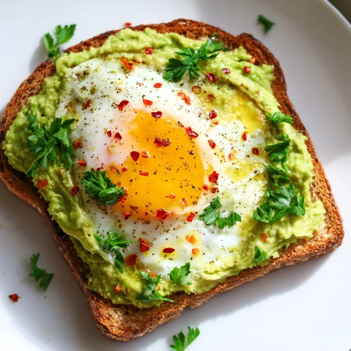 Simple avocado toast with egg featuring whole grain slices topped with fresh herbs and olive oil