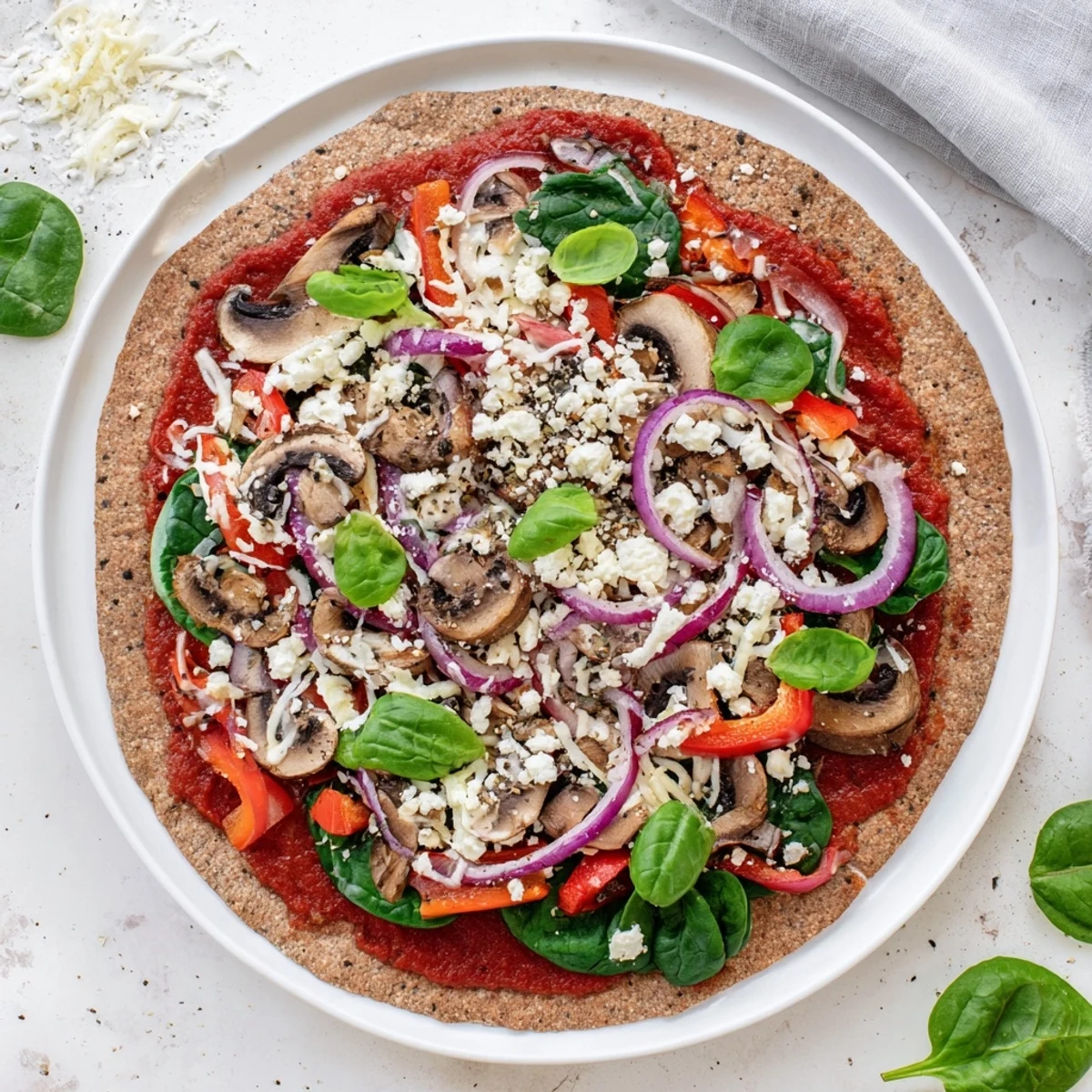 Freshly baked Mediterranean-style low cholesterol pita pizza with red onion, mushrooms, spinach, and feta garnished with basil leaves