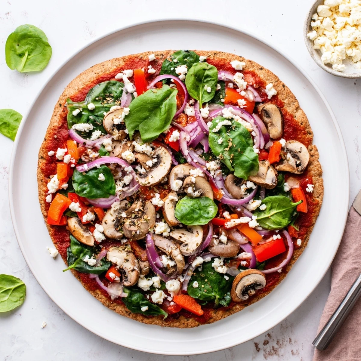 Crispy edged low cholesterol pita pizza featuring vibrant vegetable toppings and part-skim mozzarella on a rustic baking tray