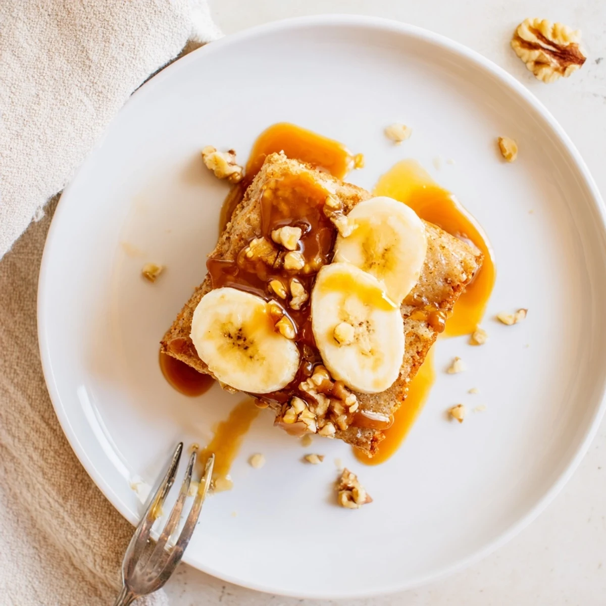 Golden brown salted caramel brown butter banana cake topped with glossy amber caramel sauce