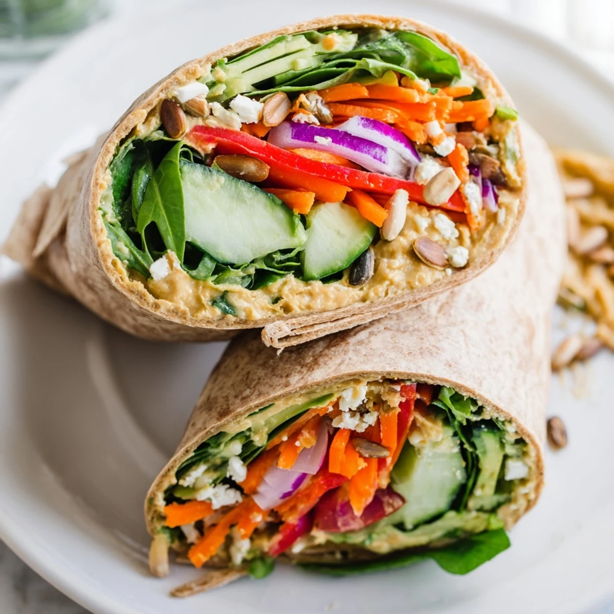 Golden whole wheat tortilla wrapped with creamy hummus, crisp vegetables, and fresh avocado slices