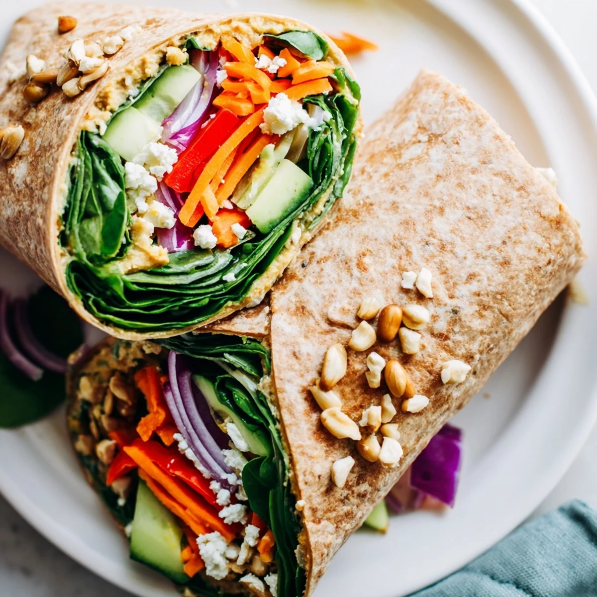 Rolled veggie wrap with hummus recipe showcasing vibrant carrots, cucumber, and greens on cutting board