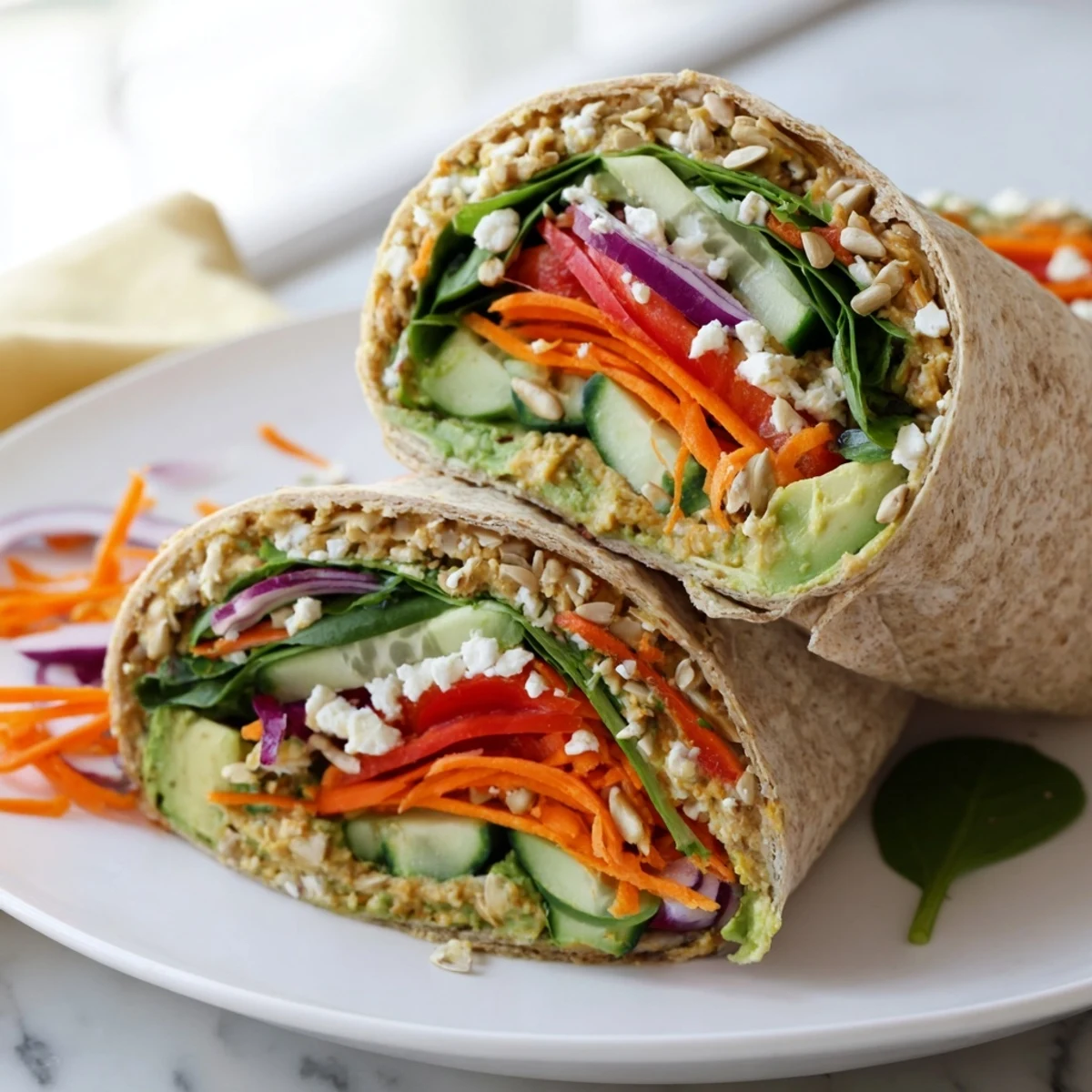 Cross-section of Mediterranean veggie wrap with hummus revealing colorful layers of bell pepper and spinach