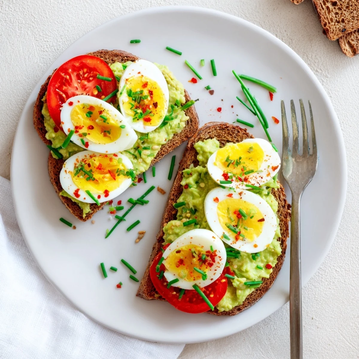 Golden toasted bread layered with smashed avocado, sliced tomato, and hard-boiled egg pieces