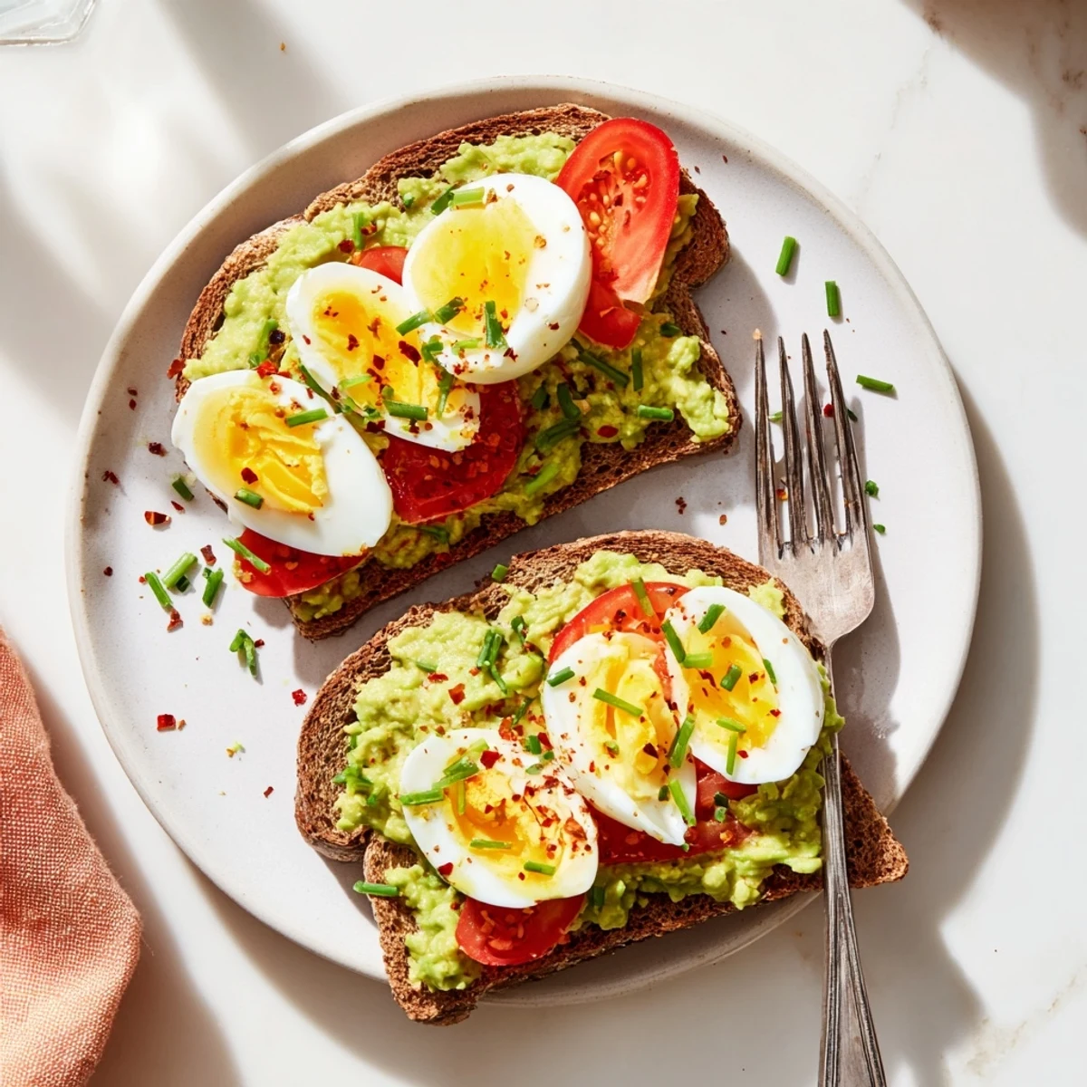 Creamy avocado toast topped with juicy red tomato slices and protein-rich hard-boiled eggs