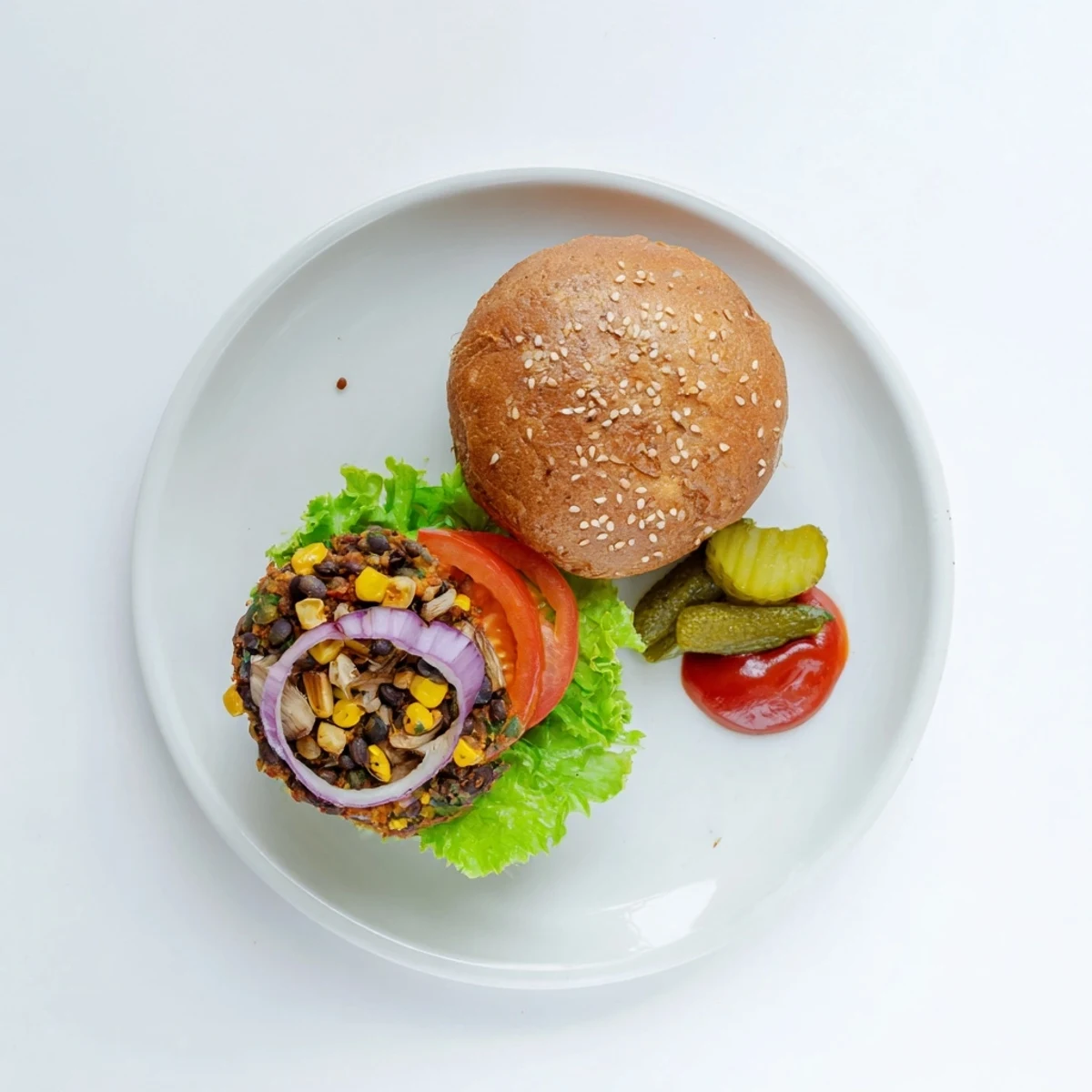 Golden brown veggie burgers stacked on toasted buns with fresh lettuce and tomato slices