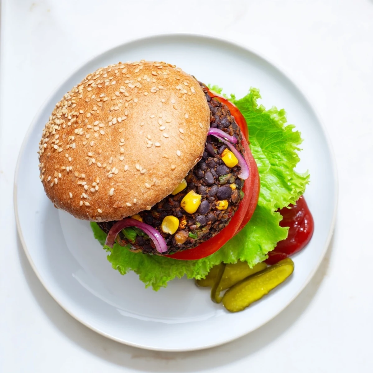 Homemade veggie burgers topped with crisp pickles and served on a wooden cutting board