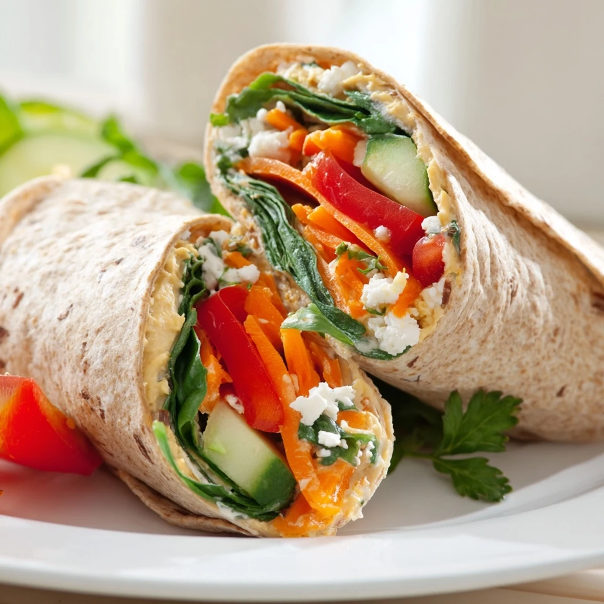 Golden whole wheat tortilla wrapped around creamy hummus and crisp colorful fresh vegetables