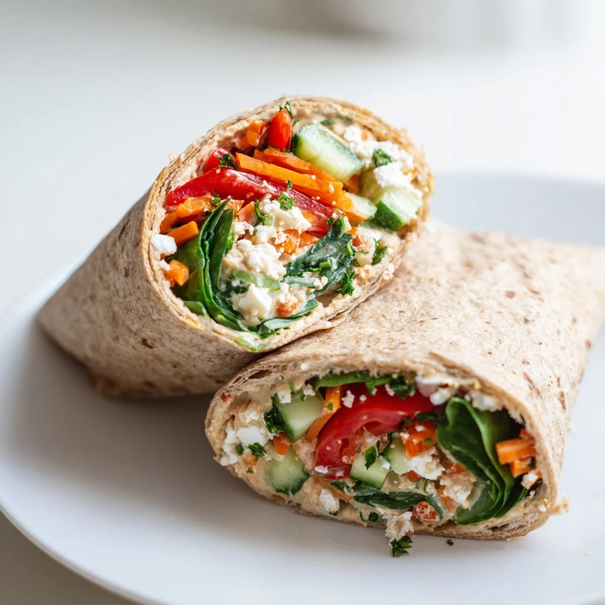 Mediterranean-style heavenly hummus wrap layered with baby spinach, cucumber, tomatoes, and crumbled feta