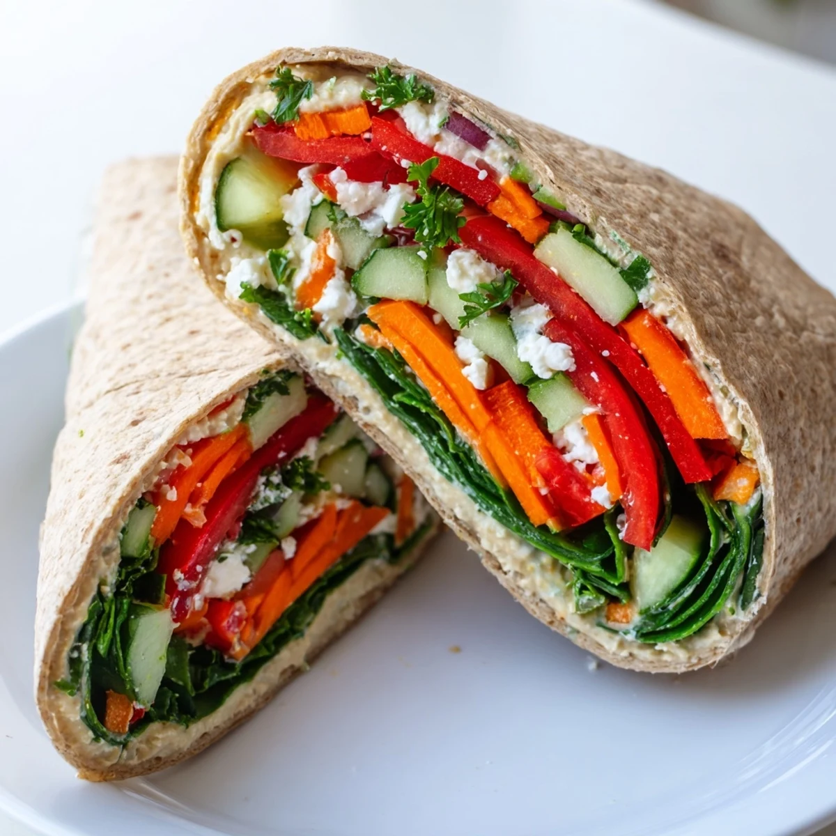 Sliced diagonal wrap revealing hummus-coated vegetables, red bell pepper, and fresh mint sprinkles