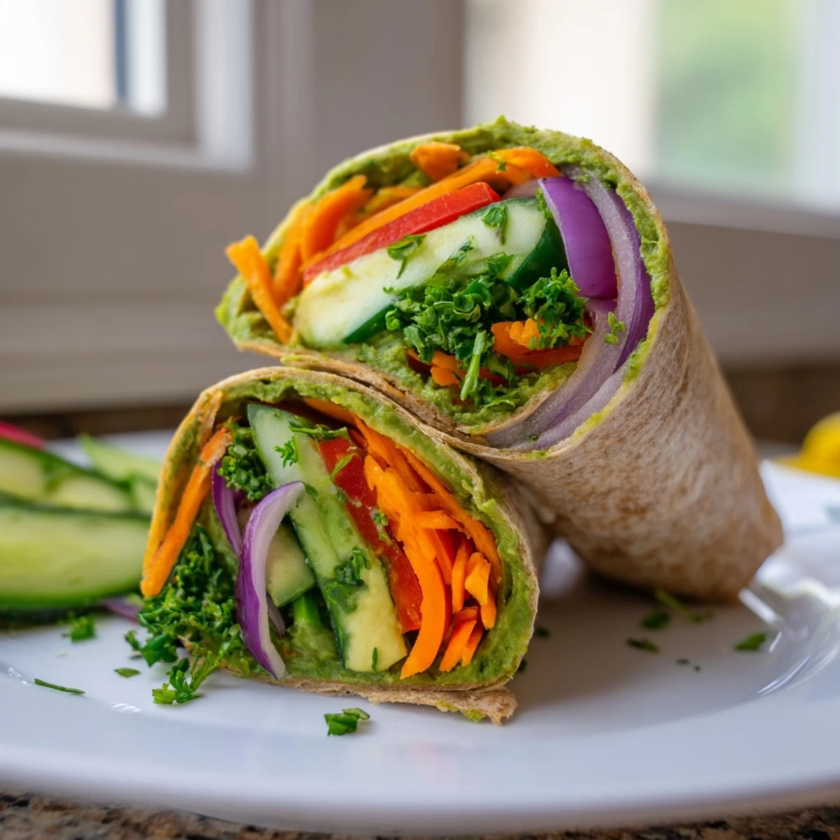 Whole wheat tortilla rolled with green spinach hummus and fresh colorful vegetable strips