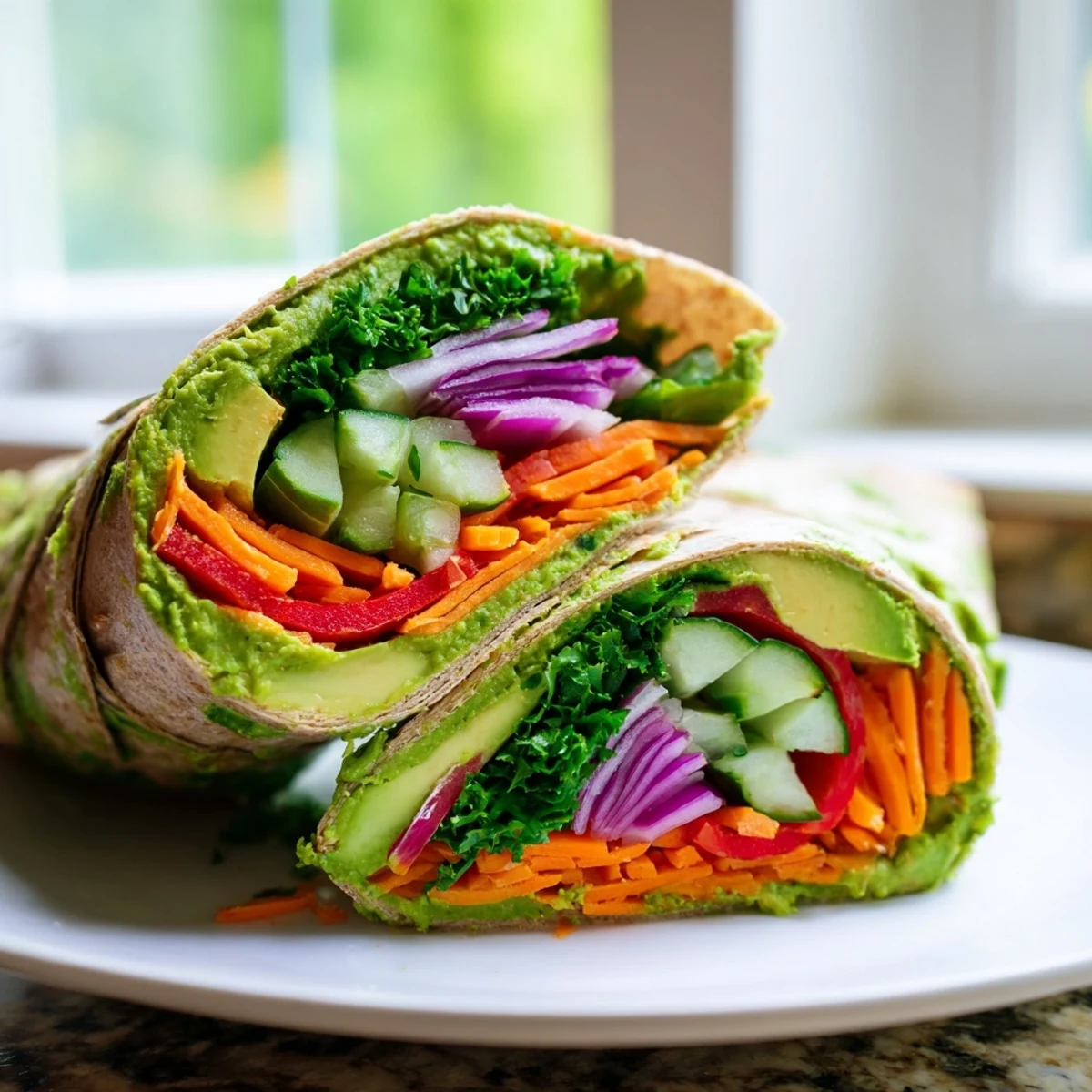 Mediterranean-style spinach hummus lunch wraps layered with crisp vegetables in soft flour tortillas