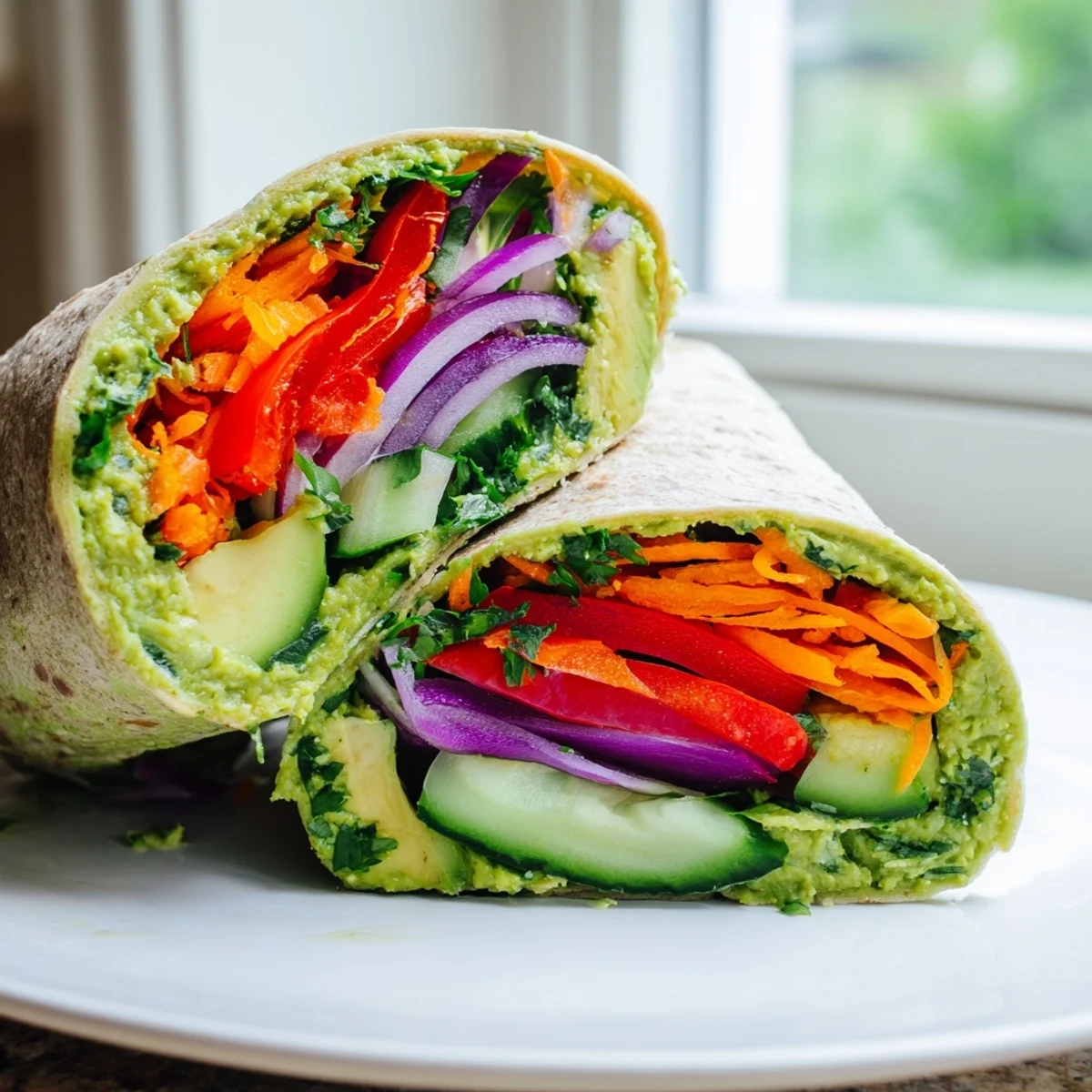 Healthy spinach hummus wraps packed with shredded carrots bell peppers avocado and cucumber