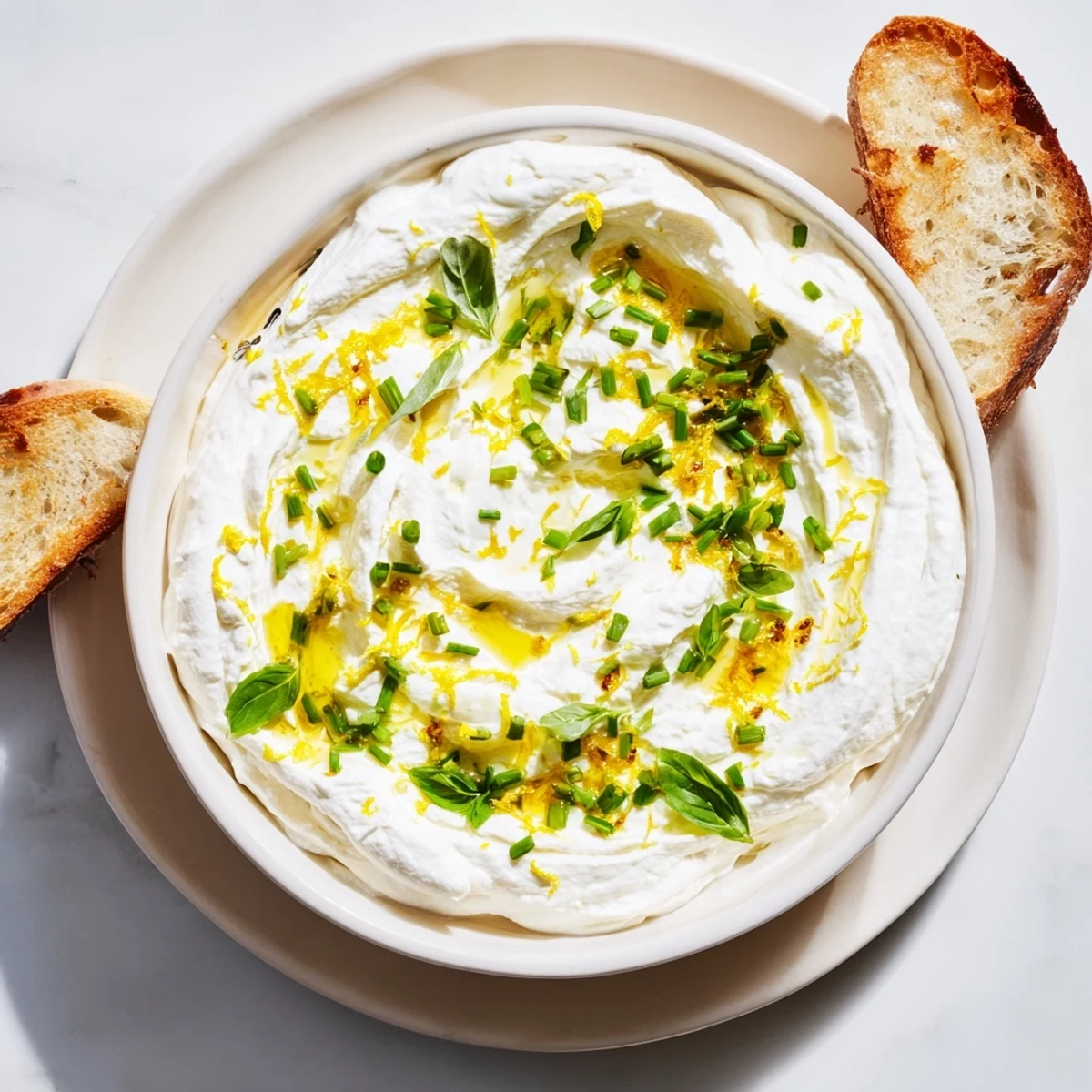 Fluffy ricotta cheese dip drizzled with honey and olive oil alongside toasted baguette slices