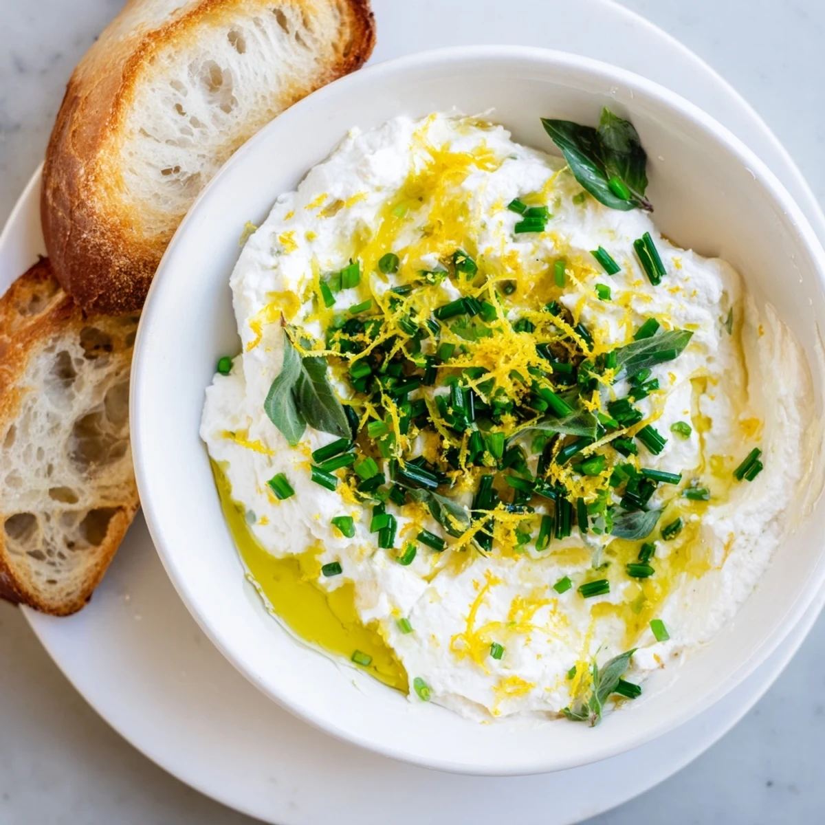 Creamy whipped ricotta topped with fresh herbs and lemon zest served on white plate
