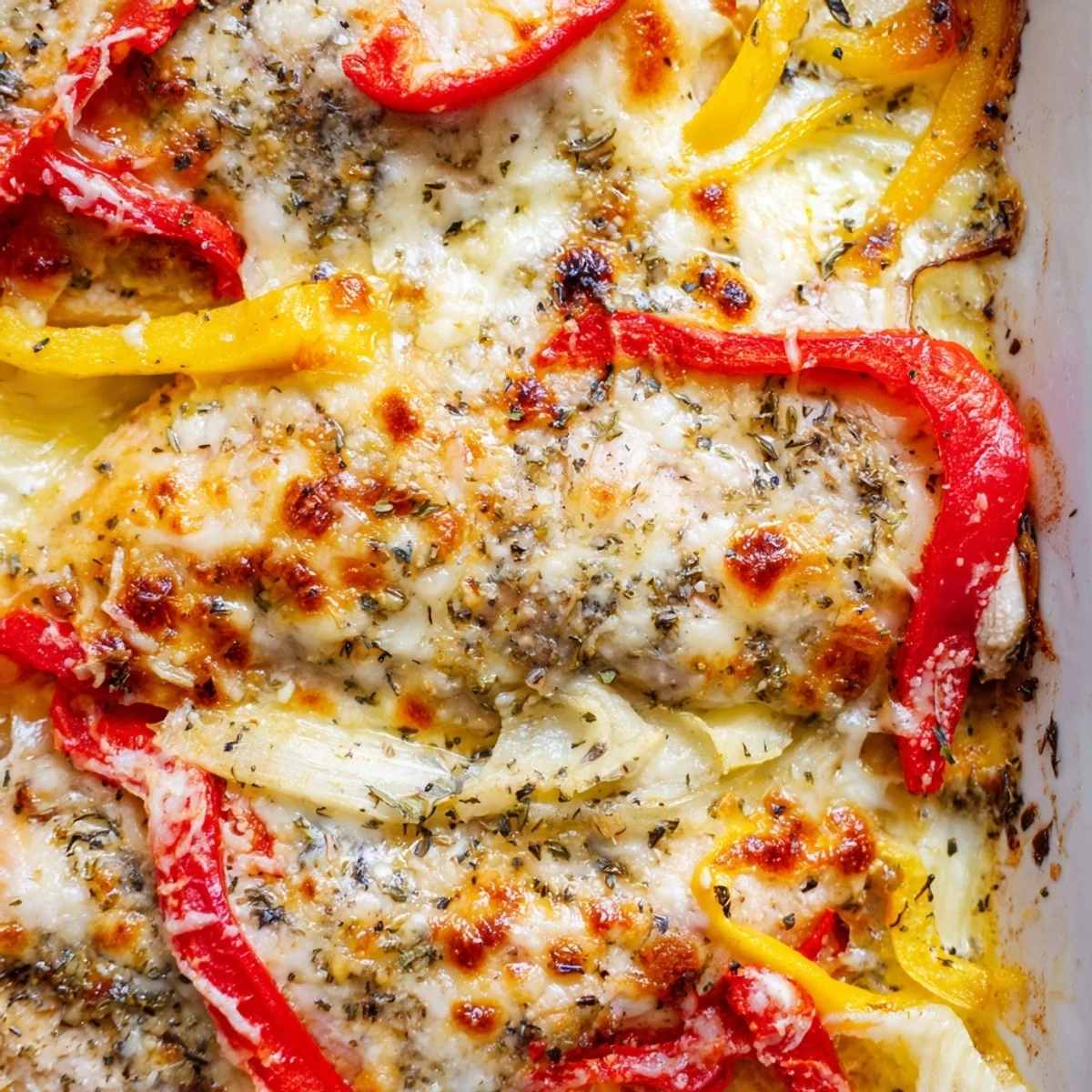 Golden cheesy baked chicken breast nestled among colorful roasted peppers in a baking dish
