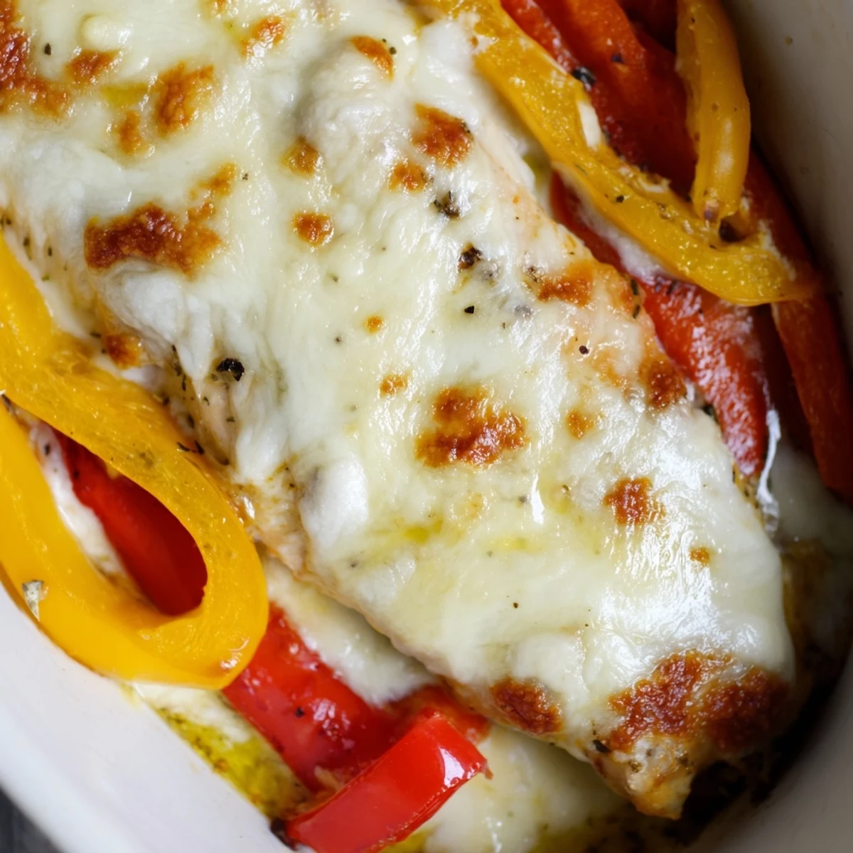 Family-friendly cheesy baked chicken breast with golden cheese and colorful roasted vegetables ready to serve