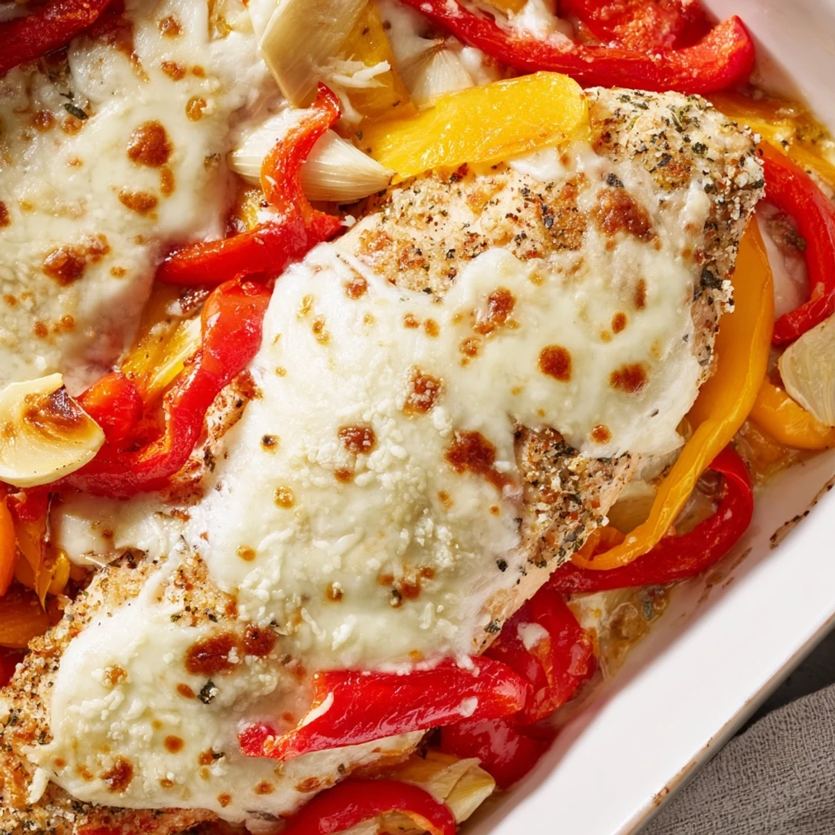 Tender cheesy baked chicken breast topped with melted mozzarella over vibrant bell pepper slices