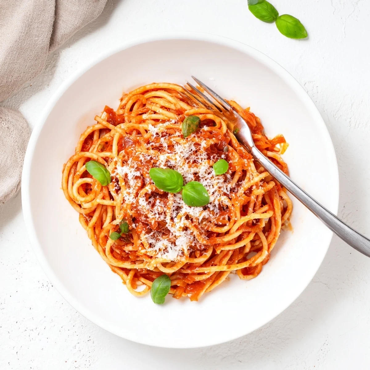 Easy pasta dish showcasing al dente spaghetti tossed in simmering crushed tomato sauce with grated Parmesan cheese topping