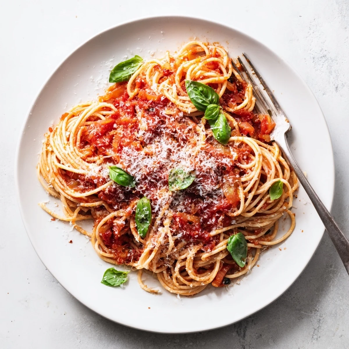 Simple vegetarian pasta recipe with golden noodles swimming in flavorful herb-infused tomato sauce finished with aromatic basil leaves