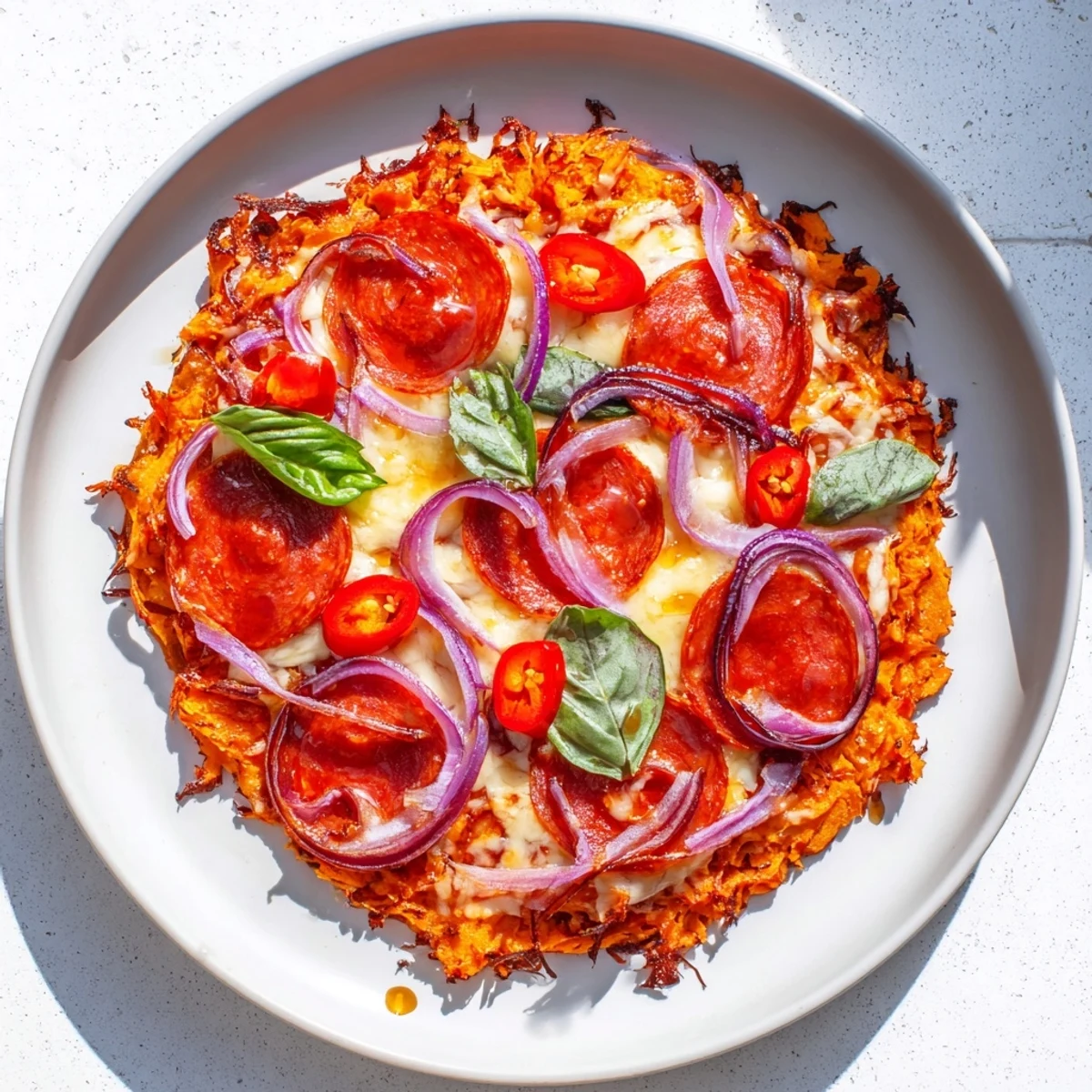 Golden pepperoni hot honey pizza with gluten-free sweet potato crust drizzled with spicy honey