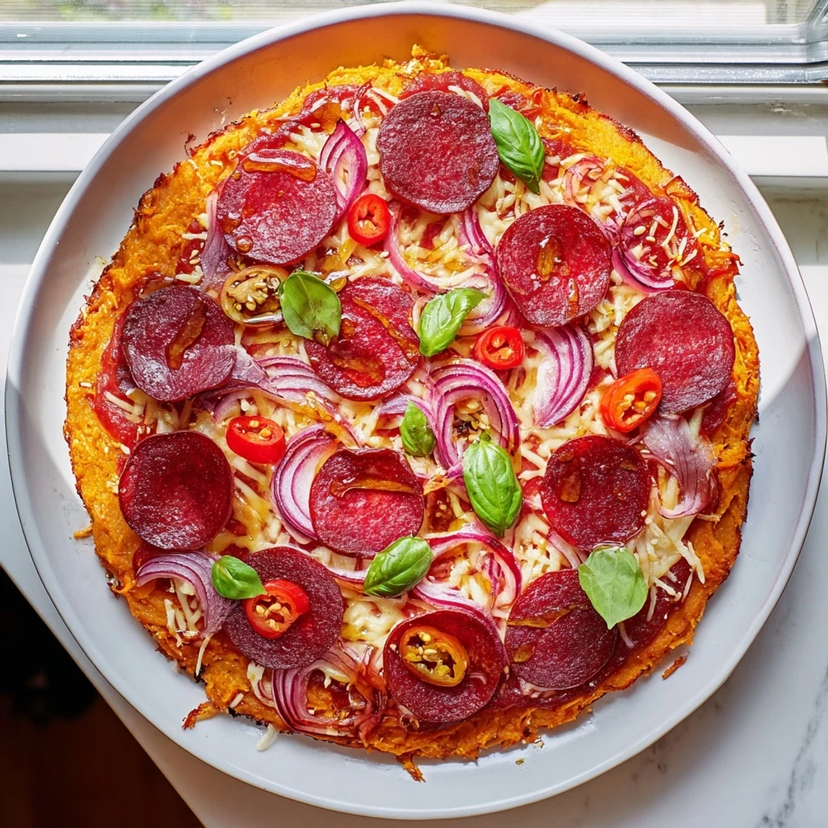 Gluten-free sweet potato crust pizza topped with bubbling mozzarella pepperoni and red onion slices