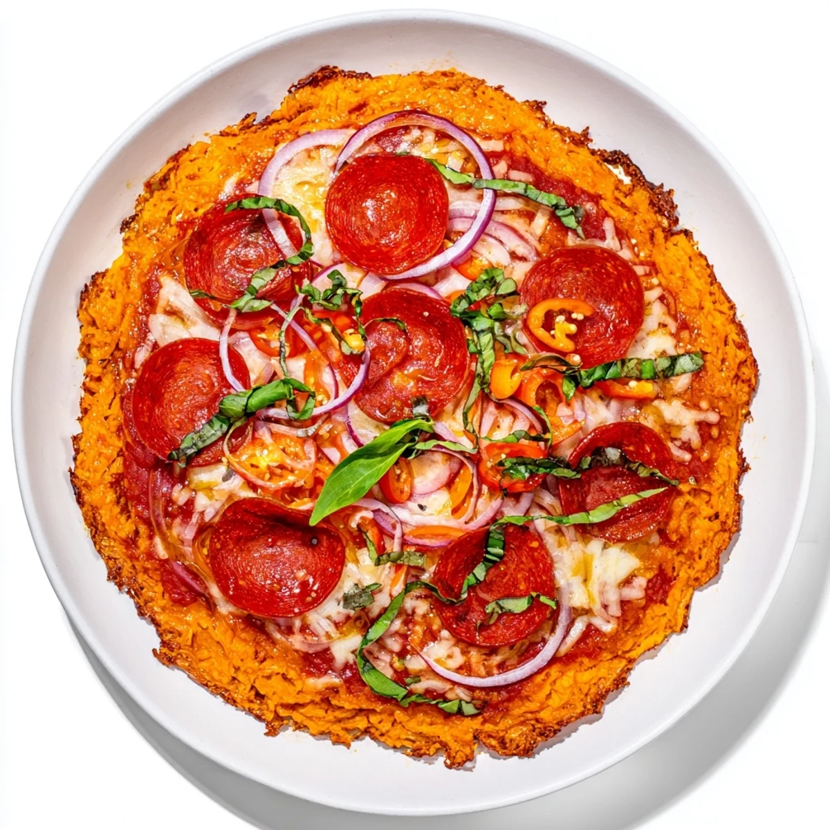 Sliced pepperoni hot honey pizza featuring crispy sweet potato crust with melty cheese and basil garnish