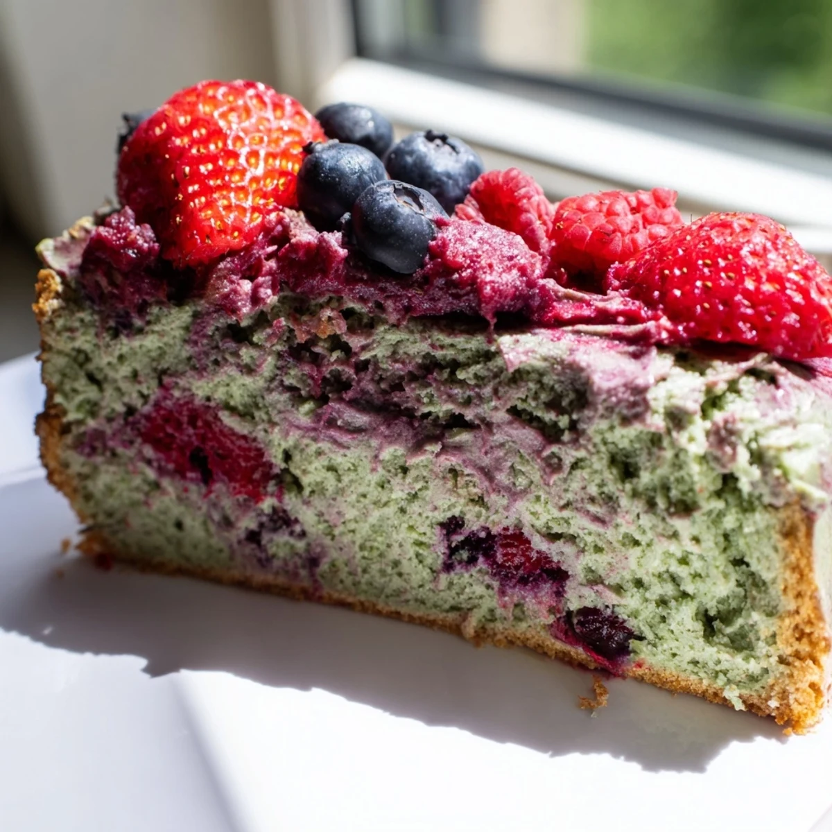 Golden slice of basil berry cake topped with creamy herb frosting and fresh berries