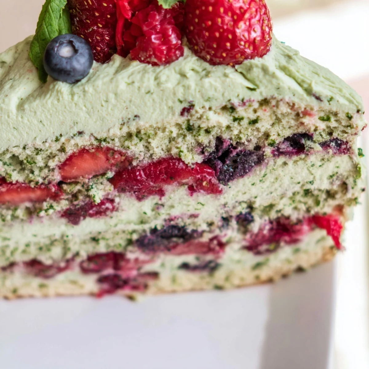 Vibrant basil berry cake dessert flecked with green basil and colorful mixed berries