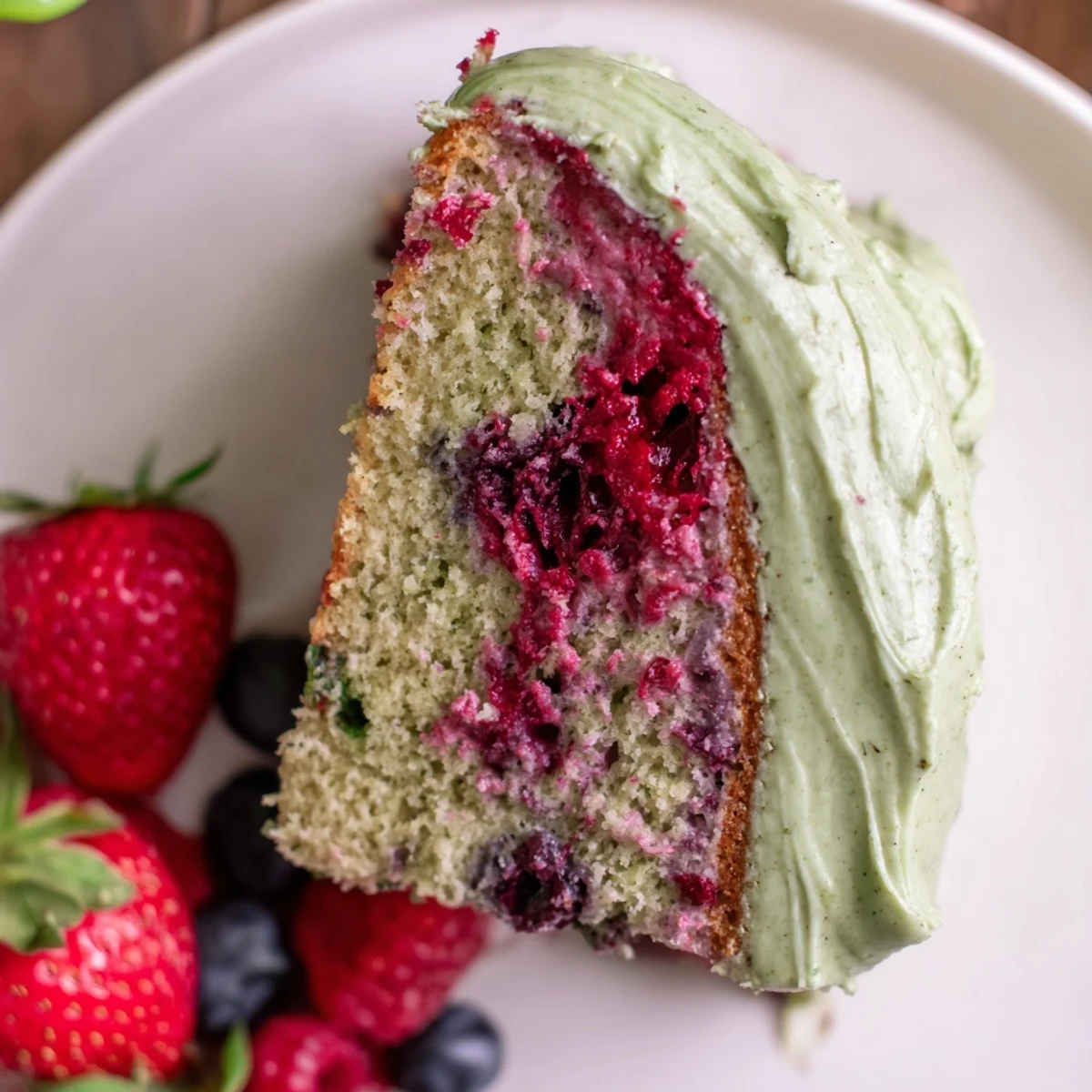 Frosted basil berry cake slice decorated with fresh strawberries, raspberries, and basil leaves