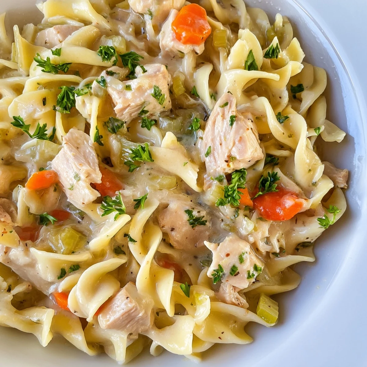 Golden one pot chicken and noodles simmered in savory broth with tender vegetables and fresh parsley garnish
