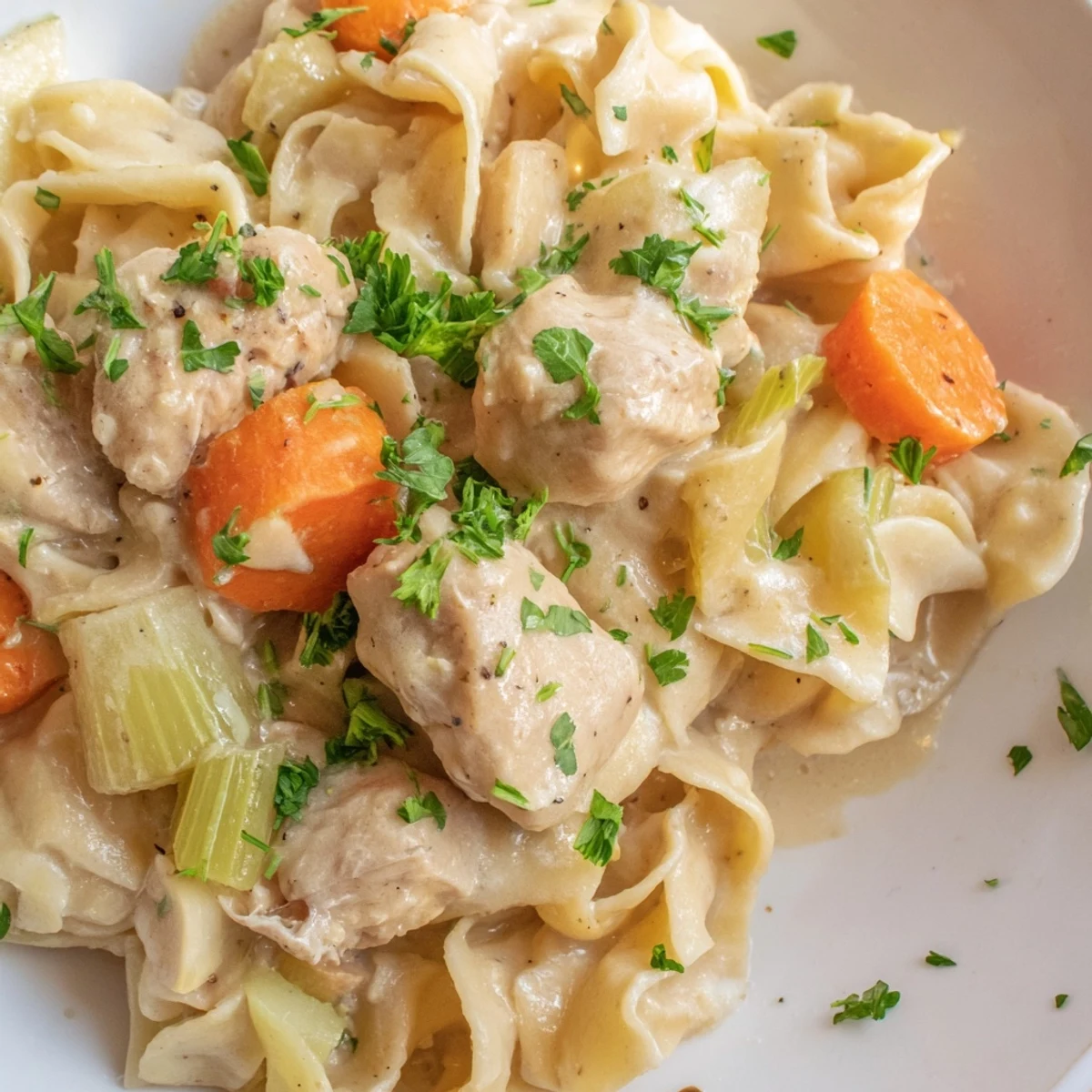 Creamy one pot chicken and noodles featuring egg noodles, carrots, and celery in a rich, comforting broth