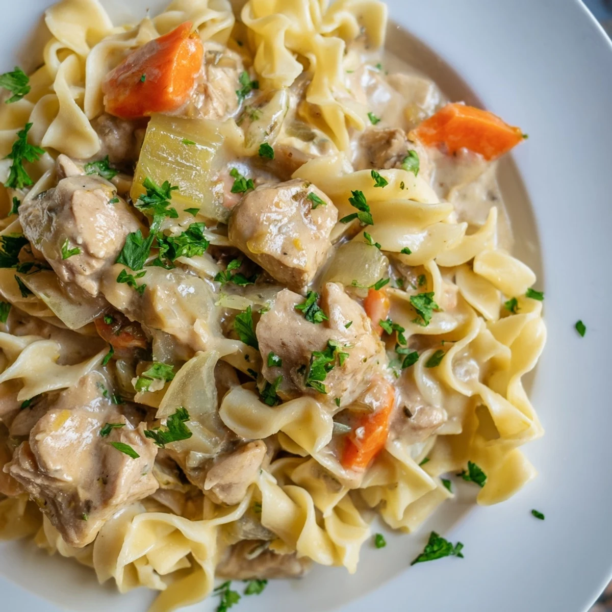 Hearty one pot chicken and noodles dish with bite-sized chicken pieces, aromatic herbs, and steam rising from the bowl