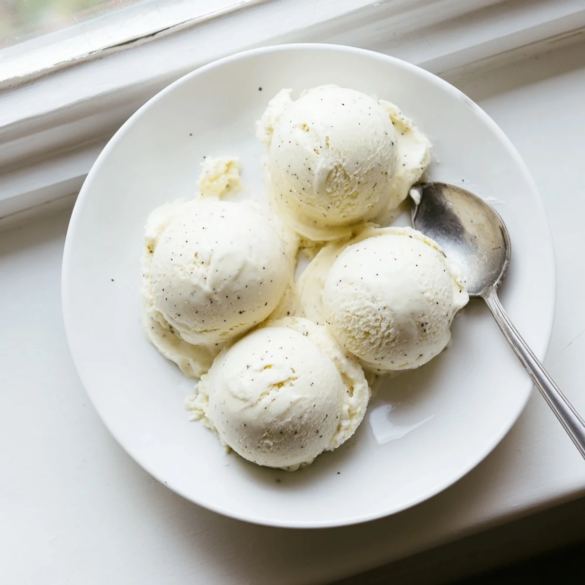 Rich vanilla ice cream scooped into a vintage waffle cone topped with fresh mint sprig