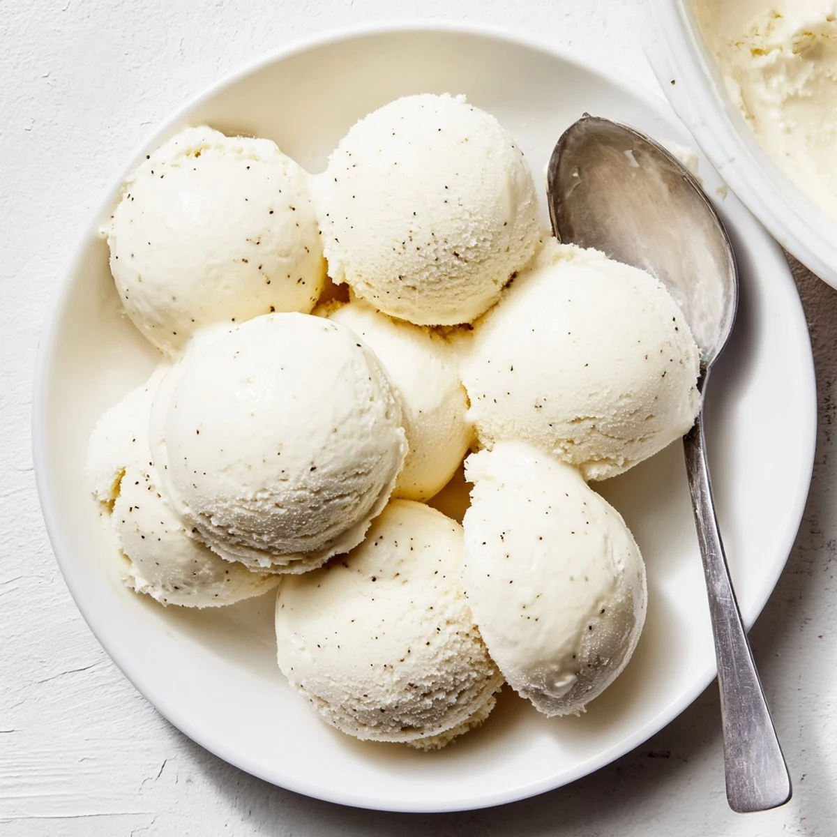 Creamy homemade vanilla ice cream served in a chilled glass bowl with a silver spoon