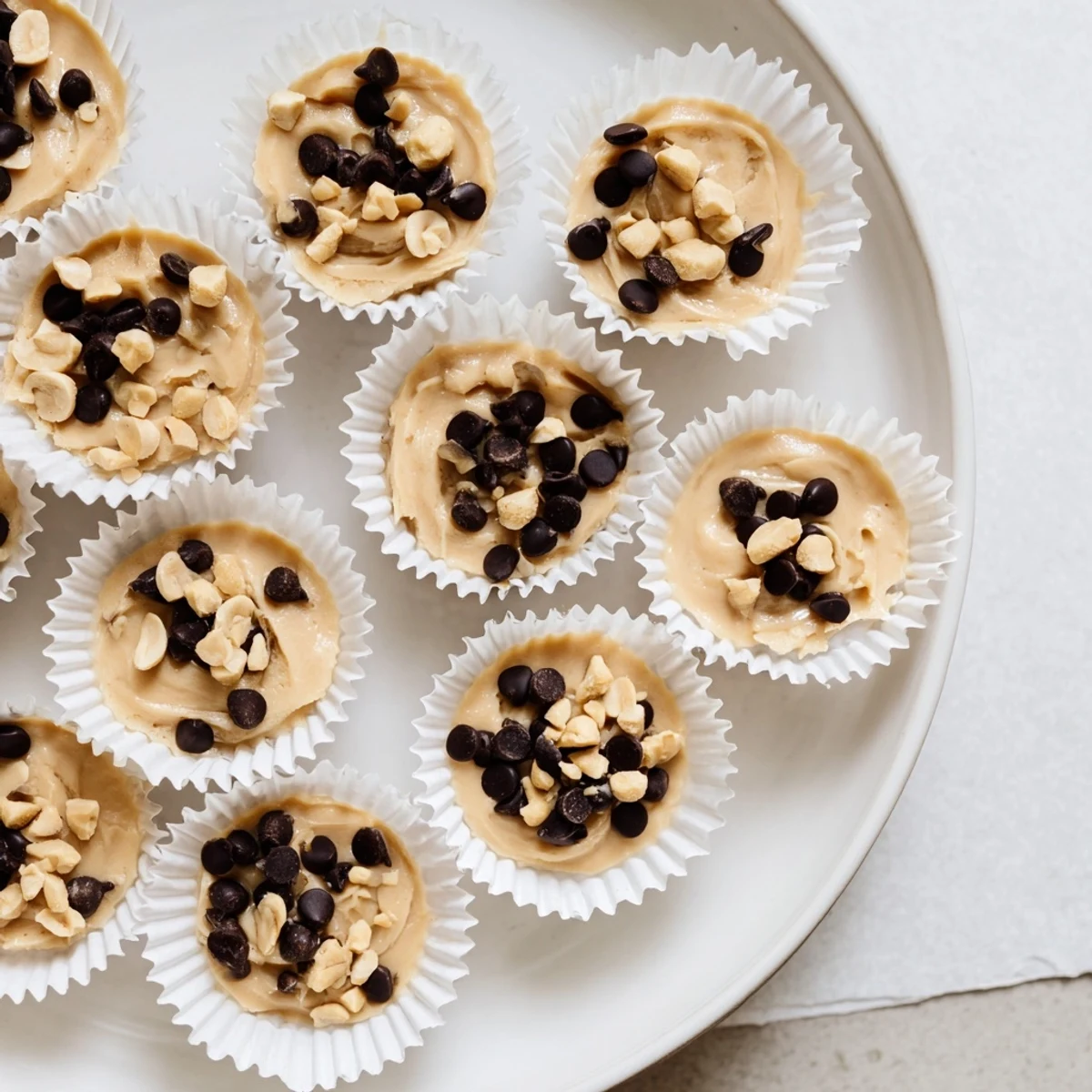 Creamy frozen peanut butter Greek yogurt bites topped with melted dark chocolate chips in a mini muffin tin