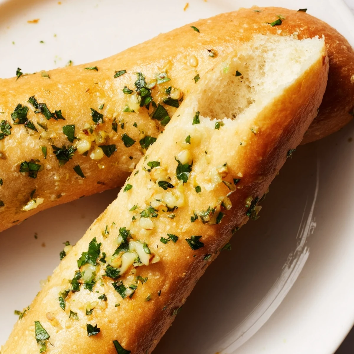 Golden homemade garlic breadsticks fresh from the oven brushed with melted butter and parsley