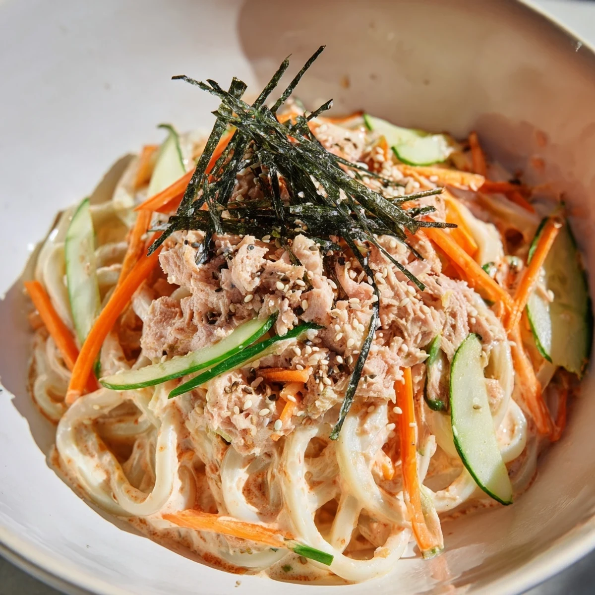 Vibrant bowl of Spicy Tuna Udon topped with nori, sesame seeds, and fresh vegetables