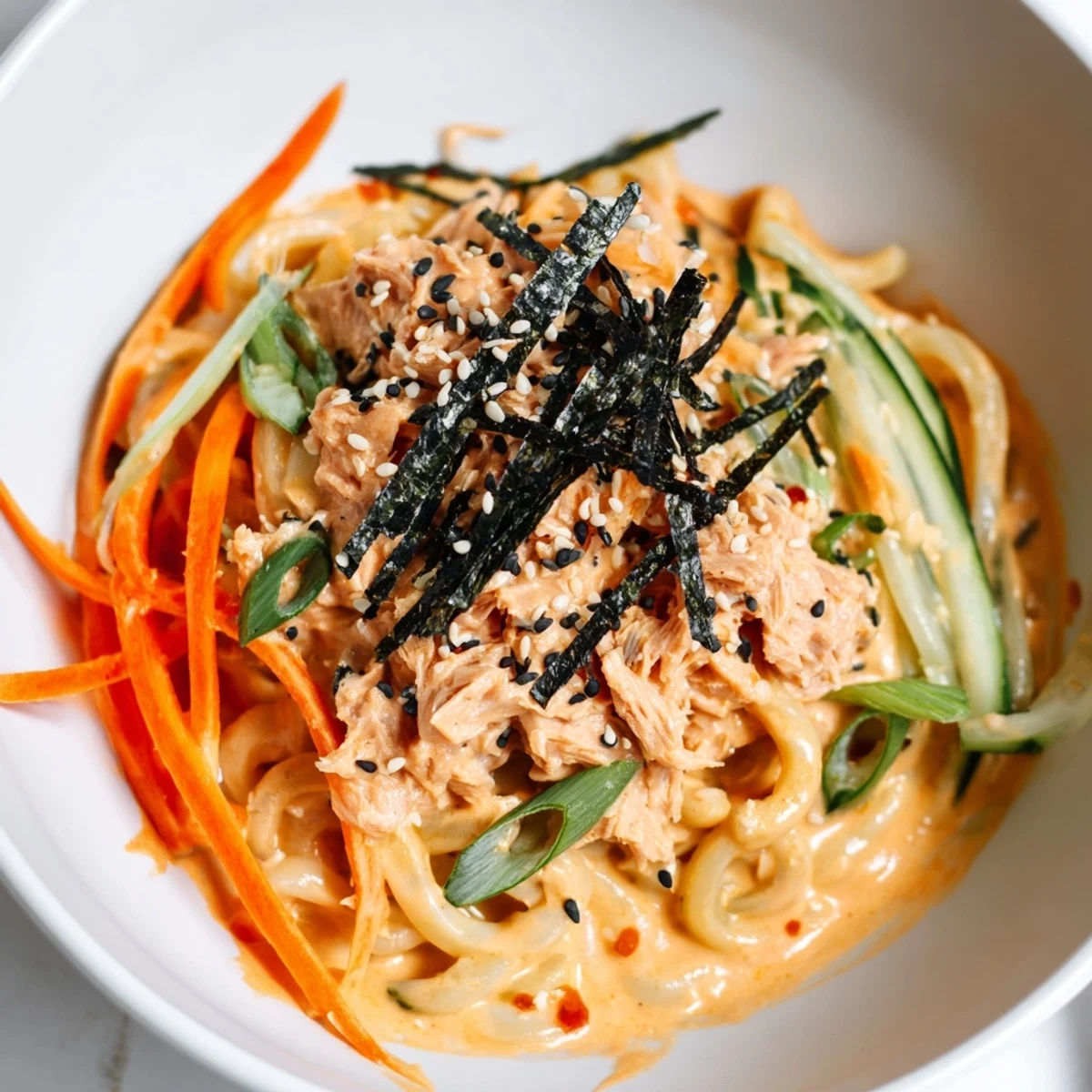 Thick chewy udon noodles coated in spicy mayo tuna sauce with crisp cucumber and carrot