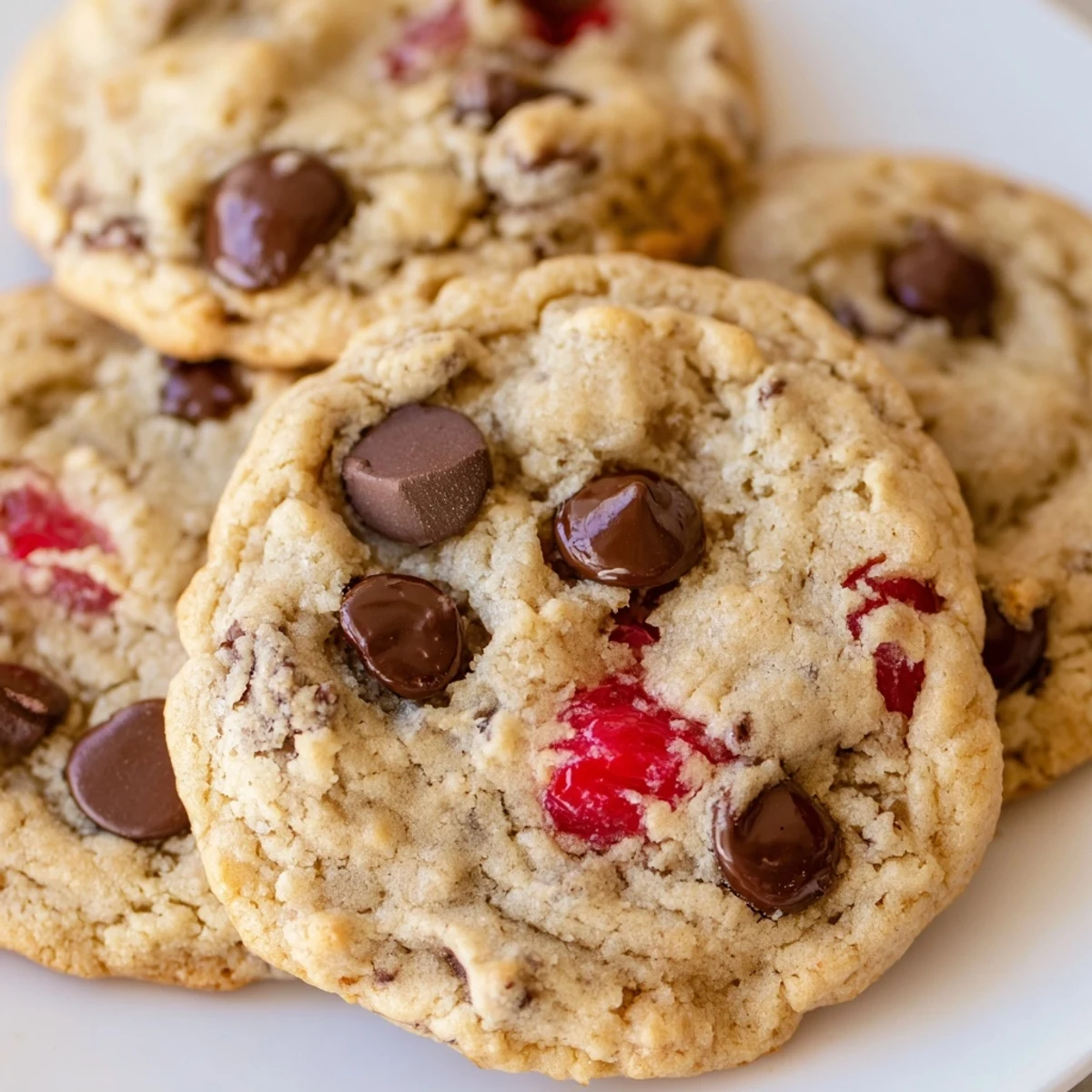 Freshly baked maraschino cherry chocolate chip cookies with golden edges and red cherry pieces