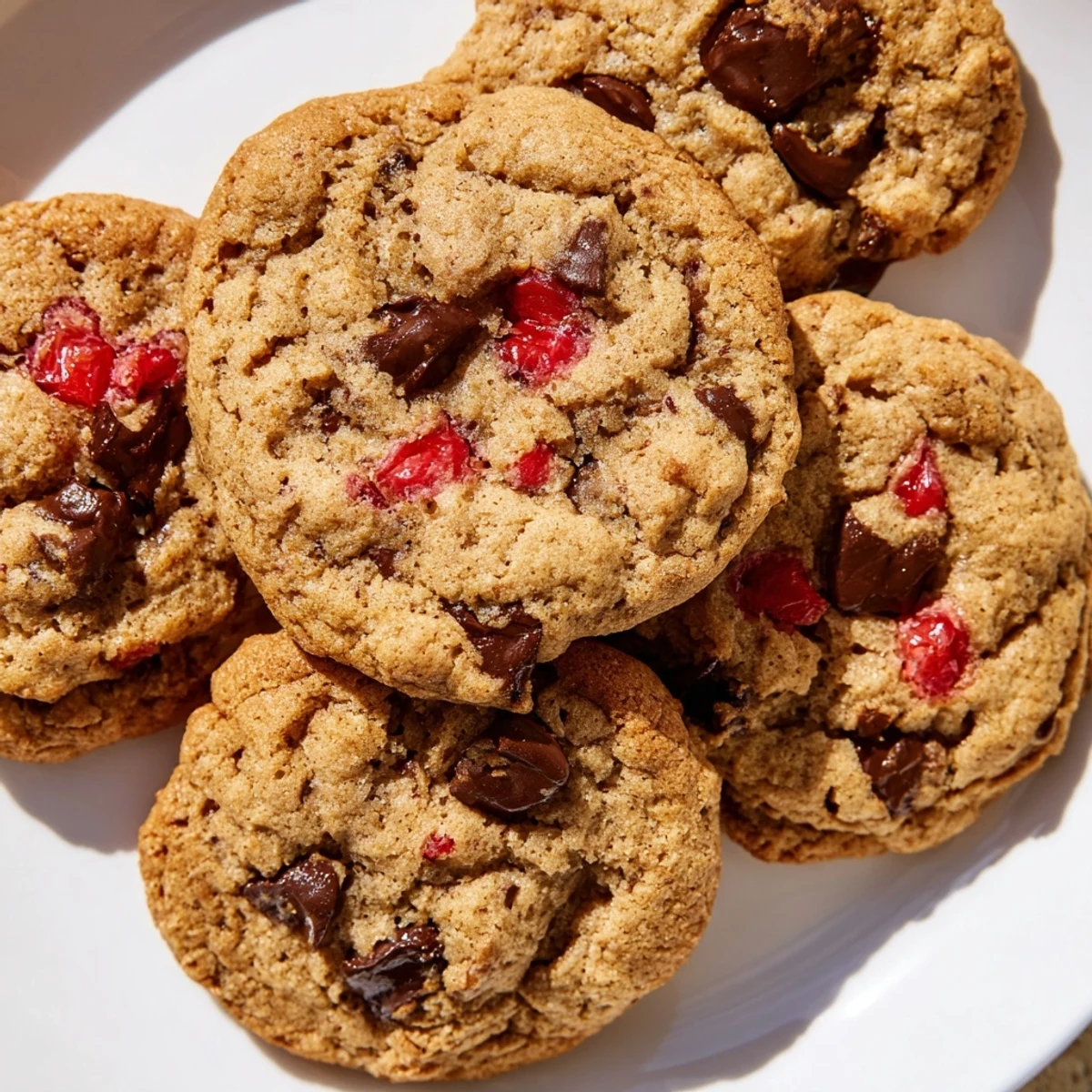 Soft chewy maraschino cherry chocolate chip cookies stacked on a white serving plate