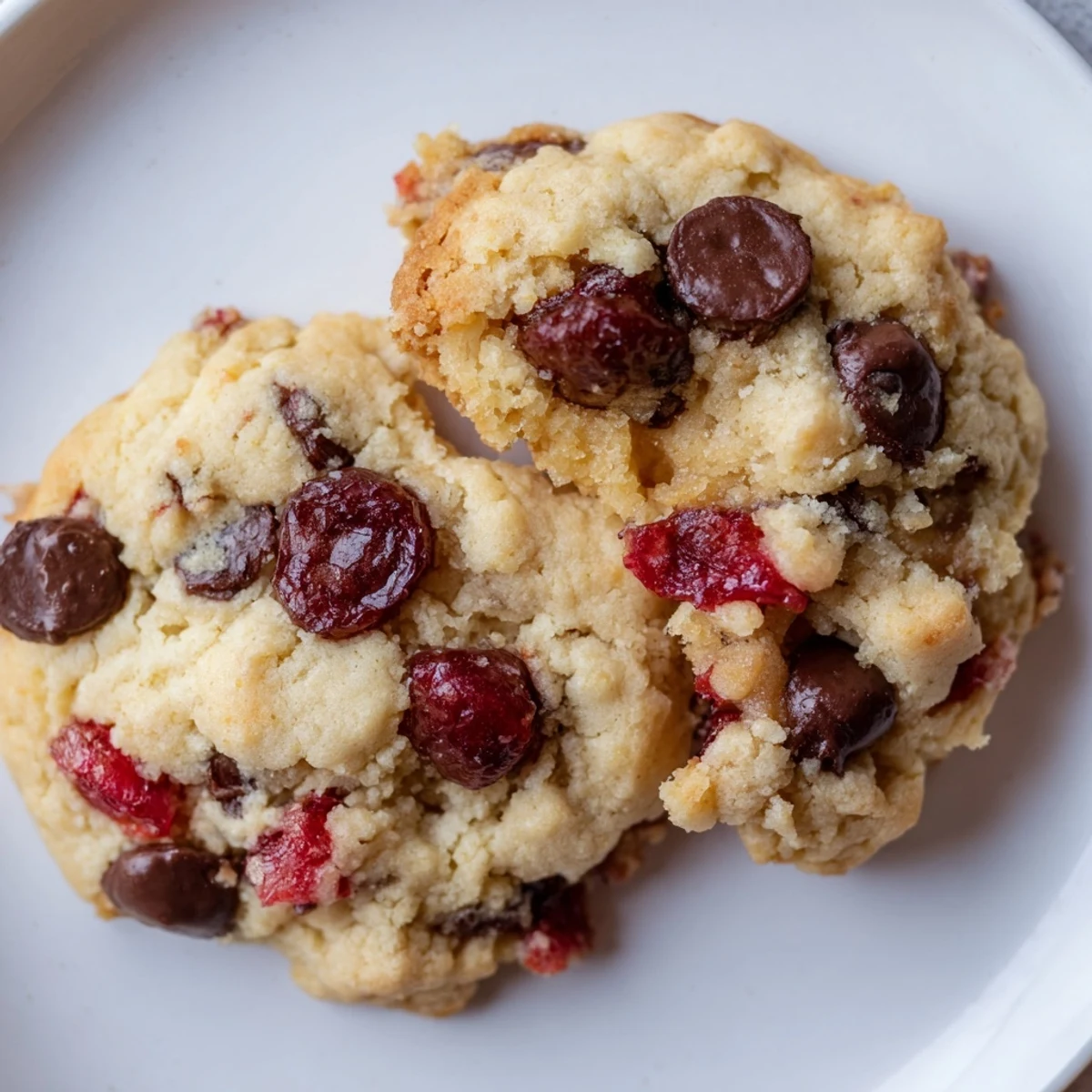 Warm maraschino cherry chocolate chip cookies featuring melted chocolate chips and bright red cherries