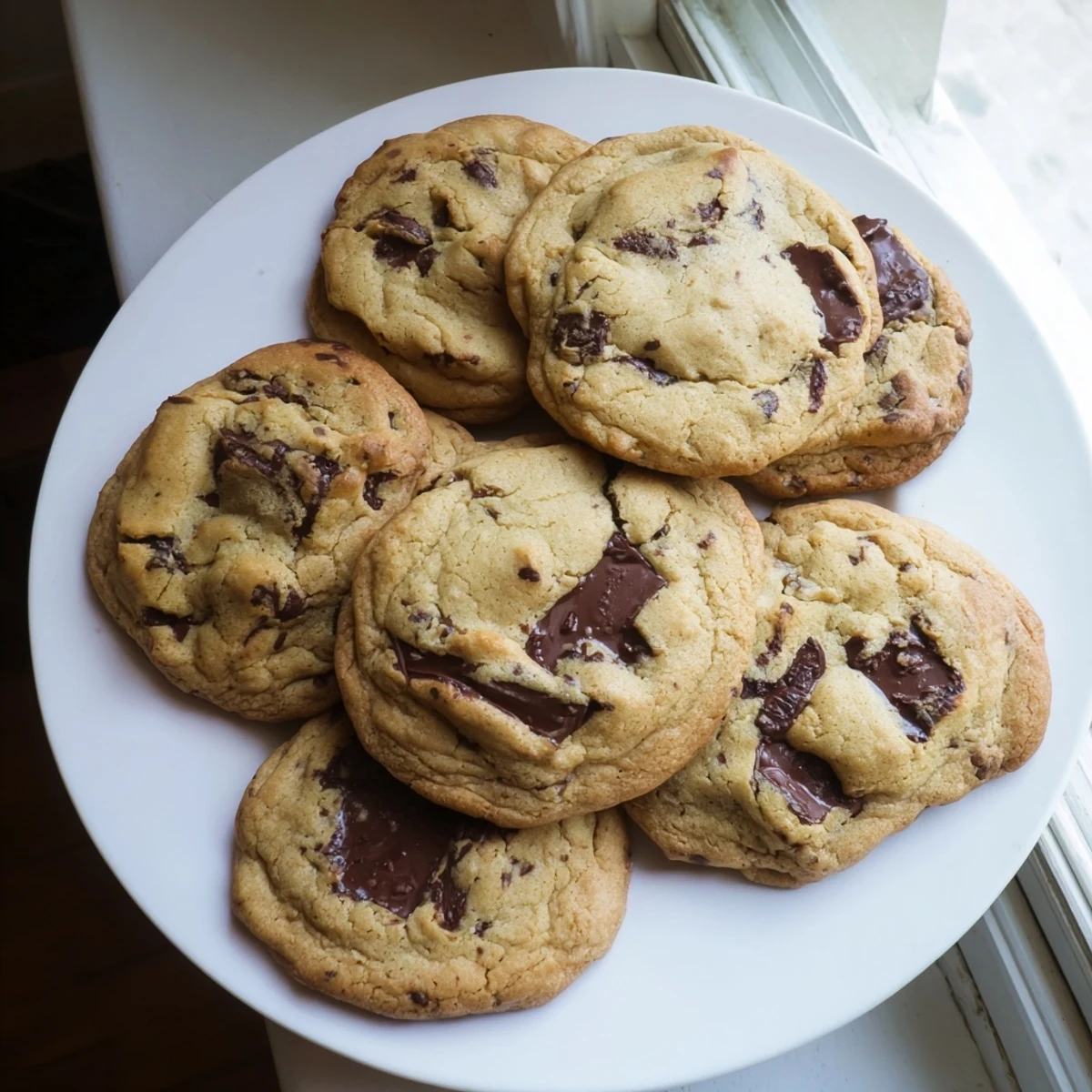 Golden chewy chocolate chip cookies fresh from the oven with melted chocolate pools