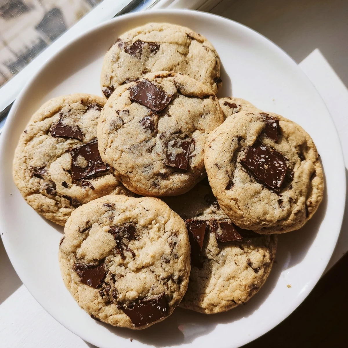 Soft thick chocolate chip cookies stacked on a wooden board ready for serving