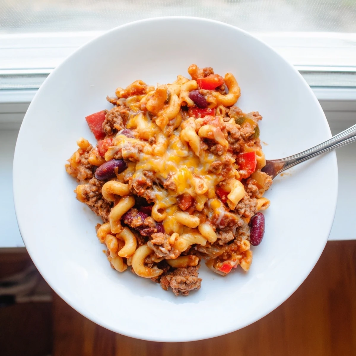 Bubbly golden chili mac and cheese baked in a cast iron skillet with melted cheddar topping