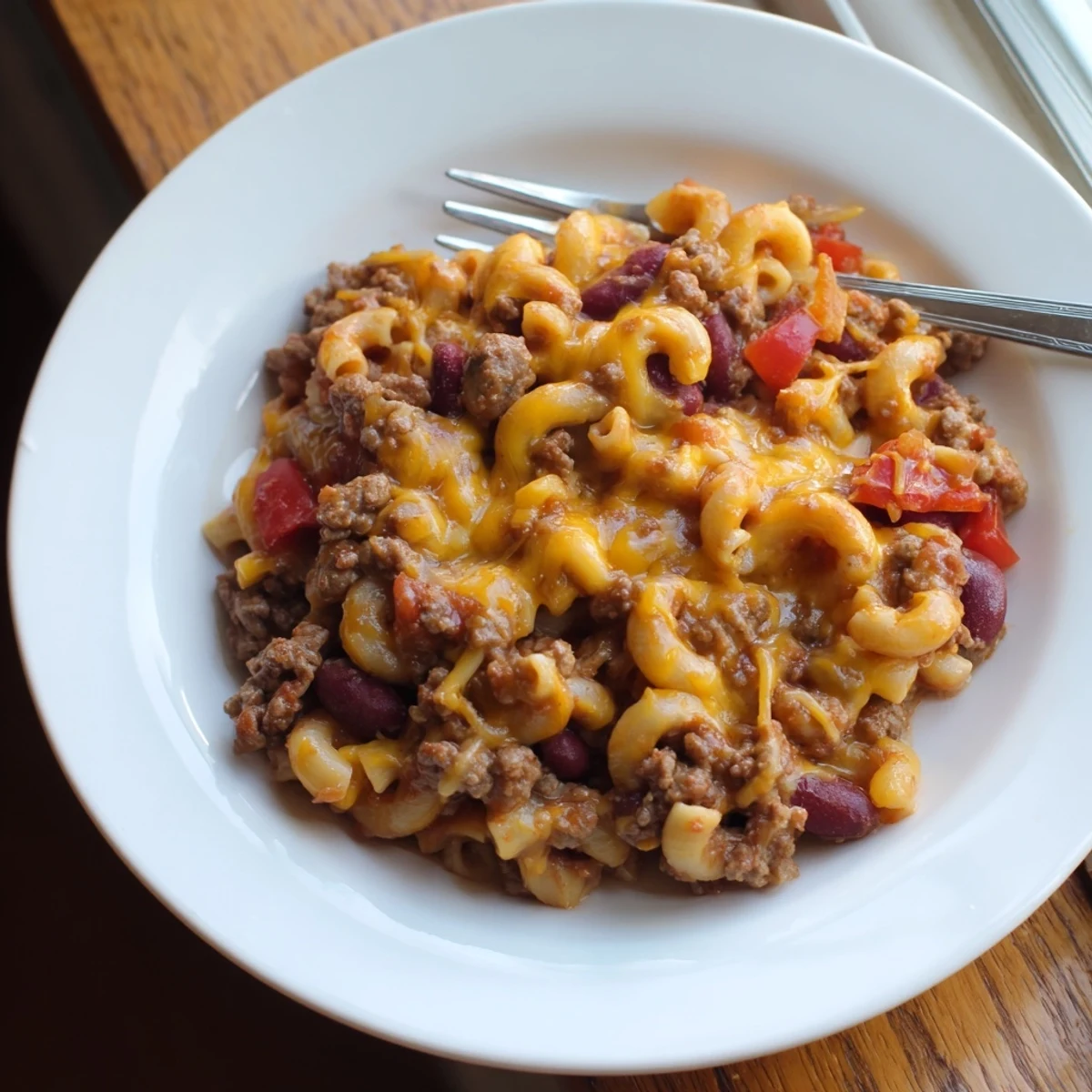 Hearty bowl of chili mac and cheese featuring ground beef kidney beans and cheesy elbow macaroni