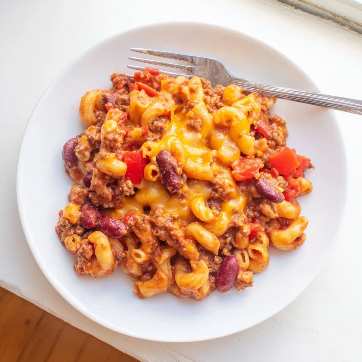Spoonful of savory chili mac and cheese showcasing beef beans pasta and gooey melted cheese layer