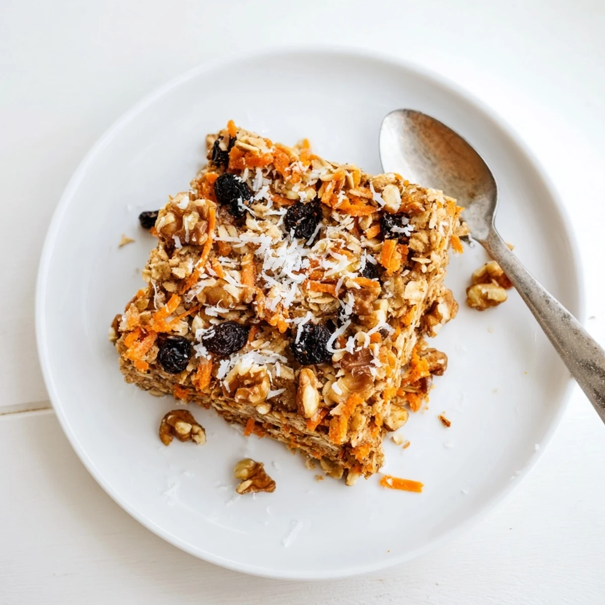 Golden brown carrot cake baked oatmeal squares topped with chopped walnuts and shredded coconut