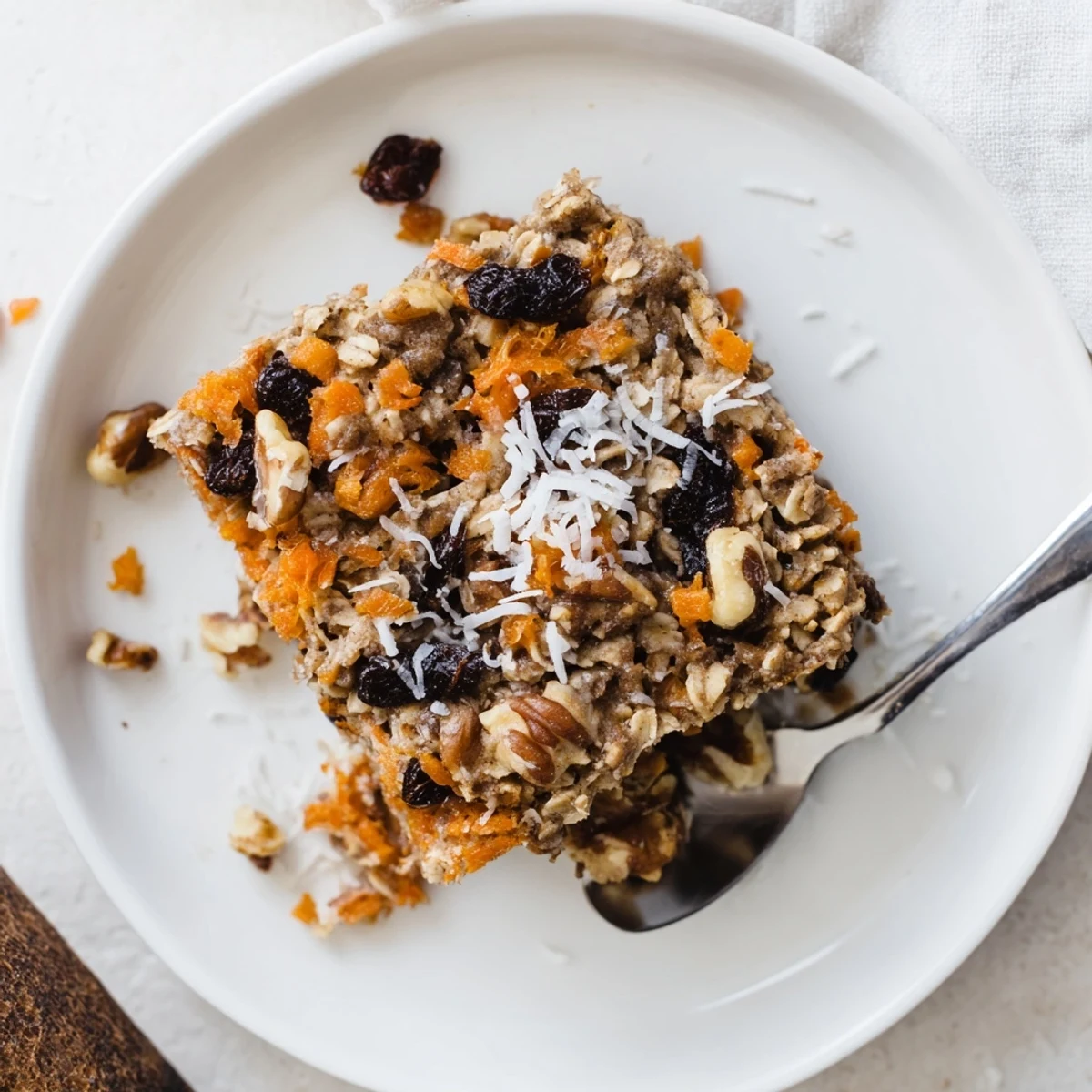 Wholesome carrot cake baked oatmeal casserole with grated carrots and plump raisins