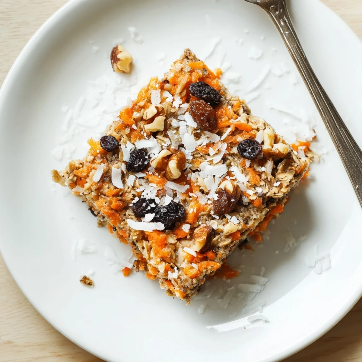 Warm slice of carrot cake baked oatmeal served with a drizzle of maple syrup